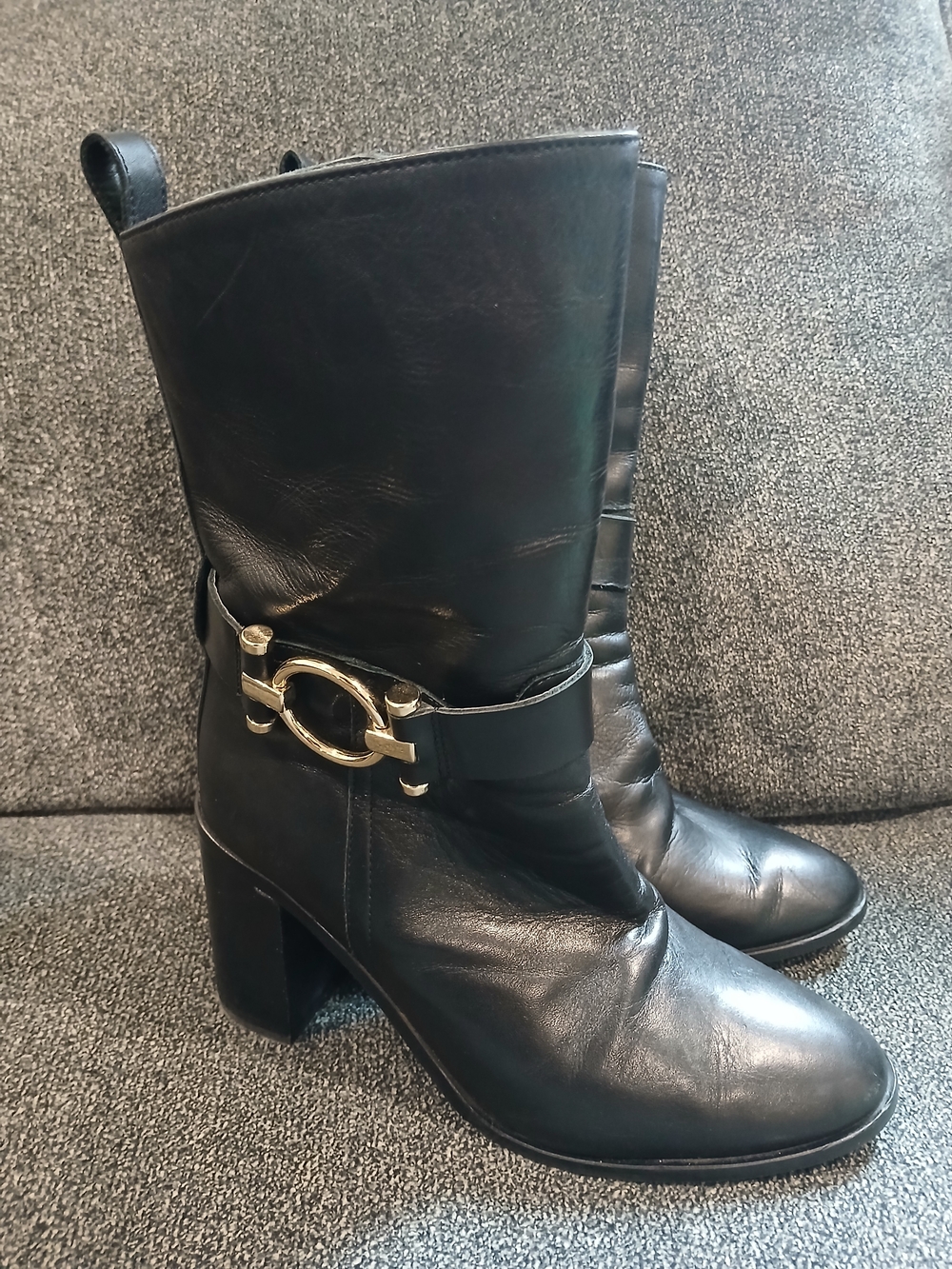 Black Leather Mid-Calf Heeled Boots with Gold Accent